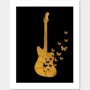 Offset Style Electric Guitar Silhouette Turning Into Butterflies Gold Posters and Art